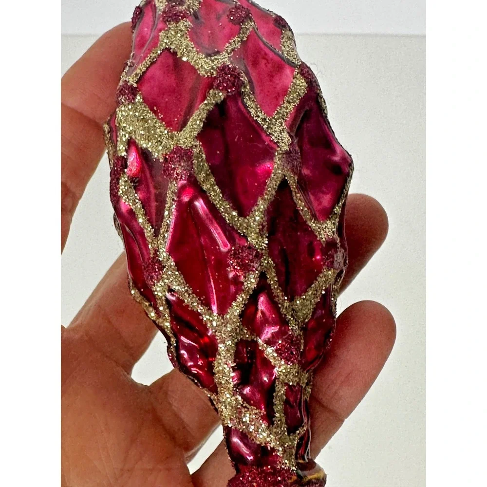 Red Diamond Glass Christmas Ornament Textured Waffle Pattern Gold Glitter